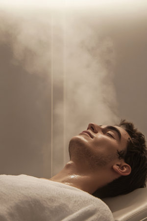 A young adult man lying on a treatment table in a minimalist spa, enjoying a facial with gentle steam rising around him, enhancing the calming atmosphere and promoting relaxation.の素材