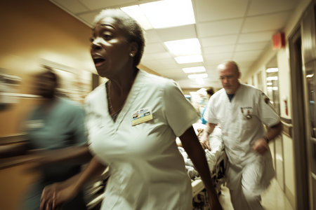 A dramatic scene capturing a senior African American nurse rushing to assist a doctor with a critical patient. The energy of the emergency room is palpable, with other medical professionals engaged in urgent care around them.の素材