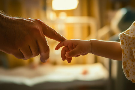 A Brazilian father's hand gently holds his newborn's tiny finger in a bright hospital room. The soft, warm light bathes the scene, highlighting the tenderness and love shared during this special moment.の素材