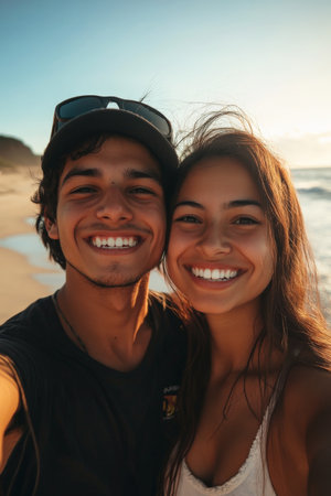 A young adult Hispanic couple enjoys a playful moment on the beach, taking selfies together, their joyful spirits shining through the stunning coastal scenery.の素材
