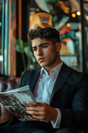 A young adult Hispanic man in semi-formal attire, sitting in a cafe with a reflective expression, pondering his future while flipping through a magazine.の素材