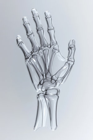 An artistic rendering of the human wrist in a translucent 3D model, showing the skeletal structure and ligaments in a sleek, minimalistic style, displayed on a light gray background for enhanced contrast.の素材