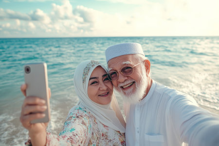 A senior Arabian couple captures a heartfelt selfie on the beach, their joy and love for each other evident as they pose against the beautiful coastal scenery.の素材