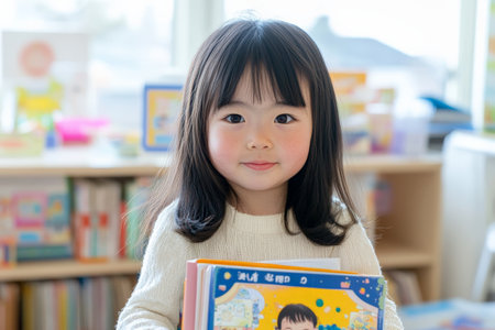 A little Japanese schoolgirl, about five years old, with straight black hair and a playful expression, embraces her favorite picture books in a bright classroom. The room is filled with educational materials and toys, reflecting a nurturing environment.の素材