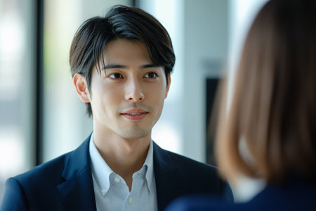 A young Japanese bank manager actively listening to a client in a stylish office environment. The modern design elements and natural light create a professional atmosphere conducive to collaboration.の素材