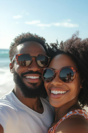 A young adult African American couple poses stylishly for selfies on the beach, their joyful laughter echoing as they capture their happy moments together.の素材
