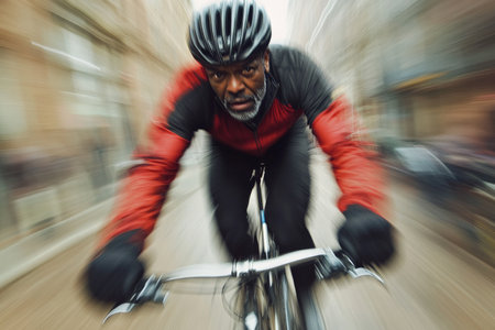 A senior Black cyclist speeds through a gravel street, hands firmly on the handlebars, dirt trailing behind the bike, the world around blurred in a display of dynamic motion.の素材