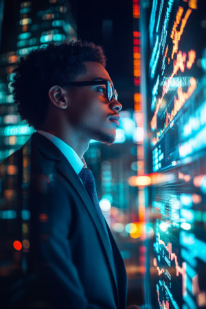 A young adult Brazilian stock trader, energetically analyzing stocks in a fitted suit, with a neon-lit city view framing the intensity of his trading environment, reflecting the pulse of Wall Street.の素材