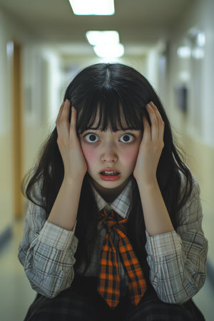 A worried teenage Japanese girl in semi-formal attire, holding her head with wide eyes, anxiously awaiting the results of a school exam while sitting in a hallway.の素材