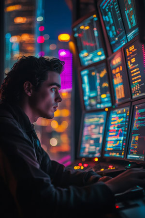 A young adult Caucasian stock trader, intently watching market movements on multiple screens, with a vibrant neon city skyline shining through the windows, capturing the thrill of trading.の素材