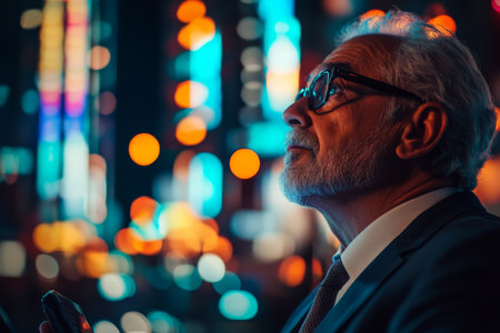 A Hispanic senior stock trader in a tailored suit, expertly navigating his trading platforms, with a dynamic cityscape illuminated by neon lights in the background, reflecting years of experience and confidence.の素材