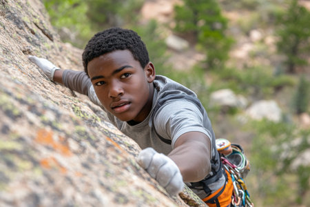 A young African American climber scaling a steep cliff with determination and concentration. The rugged mountain backdrop highlights the adventure and thrill of rock climbing amidst stunning scenery.の素材