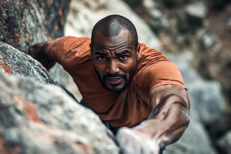 A middle-aged African American climber demonstrating skill and concentration while ascending a rugged cliff. The dramatic mountain landscape serves as a breathtaking backdrop to his challenge.の素材