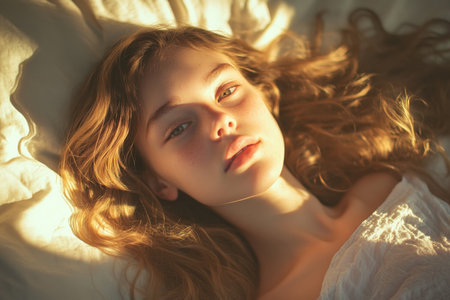 A young Caucasian hippie girl with wavy hair and soft skin, lying on a bed with a white linen sheet, bathed in warm, golden sunset light filtering through the window.の素材