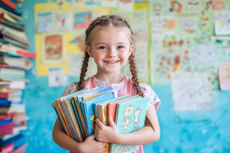 A young Caucasian schoolgirl, around seven years old, with braided hair and a bright smile, holds a pile of storybooks close to her chest in a colorful classroom. The walls are decorated with drawings and charts, enhancing the joyful atmosphere of learning.の素材