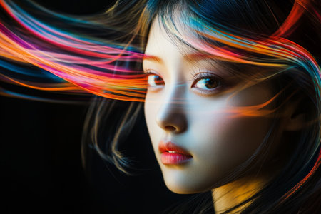 A young Japanese woman with vivid, swirling colors flowing dramatically around her head, set against a solid black background. The stark contrast emphasizes her focused gaze.の素材