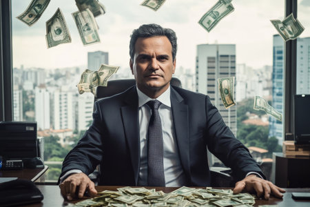 A middle-aged Brazilian man in a sophisticated suit sits confidently at his desk, as cash flows around him. The dynamic office backdrop vibrant decor features and a busy cityscape view, emphasizing his entrepreneurial spirit.の素材