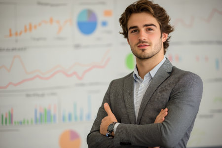 A young Caucasian professional confidently presenting before a whiteboard filled with charts and graphs. His expression reflects authority and expertise, embodying the essence of a successful business leader.の素材