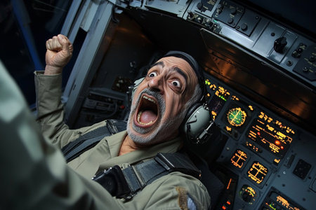 A senior Arabian pilot with a dramatic panic face in the cockpit, humorously responding to a sudden situation. The detailed equipment surrounding him enhances the comedic atmosphere.の素材