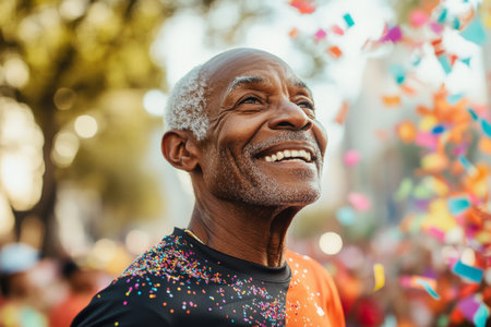 A senior African American marathon runner crossing the finish line, a look of sheer joy mixed with fatigue. The cheering crowd and confetti create a lively atmosphere, honoring their hard work and dedication.の素材