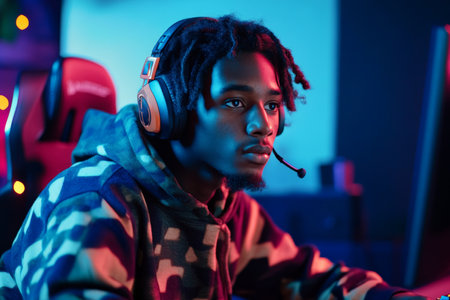 A young adult Black man, dressed in trendy e-sports clothing, plays a competitive game with concentration. The dynamic background showcases vibrant LED lights and advanced gaming equipment, enhancing the thrilling atmosphere.の素材