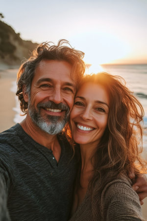 A middle-aged Caucasian couple captures a cheerful selfie on a picturesque beach, their smiles radiating joy as the sun sets behind them, creating a romantic top model atmosphere.の素材