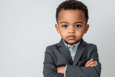 A strong preschooler Black boy in a smart outfit, arms crossed and looking serious against a clean white background, representing early ambition.の素材