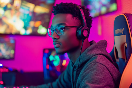 A young adult African American man in trendy e-sports gear sits at a modern gaming setup, fully engaged in his game. The vibrant background showcases colorful displays and gaming memorabilia, reflecting his enthusiasm for e-sports.の素材