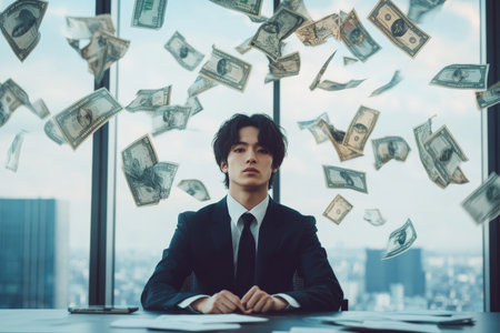 A young adult Japanese man in a sleek suit sits at a minimalist desk, surrounded by flying banknotes. The modern office environment, with clean lines and a view of the city, enhances the sense of ambition and success.の素材