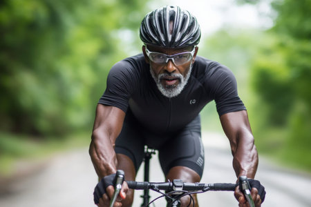 A middle-aged African American cyclist speeds down a rugged gravel street, hands locked on the handlebars, the motion of the bike creating a blur of dynamic speed.の素材