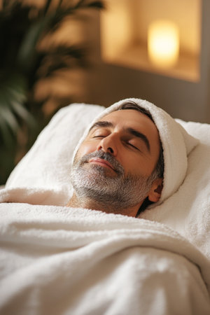 A middle-aged man enjoying a soothing facial in a tranquil spa environment, minimalist design and soft textures enhancing the experience of relaxation and rejuvenation.の素材
