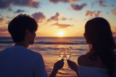 A young couple, both Japanese, enjoys a glass of wine on the beach at sunset. The beautiful colors of the sky and the gentle waves create a serene and romantic setting for their special moment together.の素材
