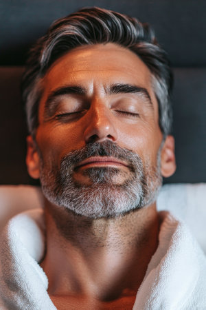 A middle-aged man enjoying a soothing facial in a tranquil spa environment, minimalist design and soft textures enhancing the experience of relaxation and rejuvenation.の素材
