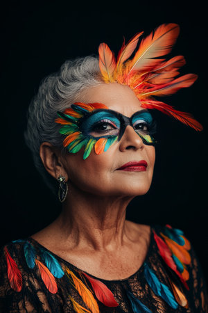 A Brazilian senior woman with detailed, feather-shaped makeup elegantly extending from her face against a black background, the colorful design blending beautifully with her strong features.の素材