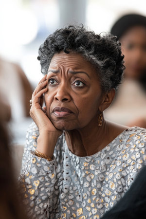 A concerned senior Black woman in a dressy top, holding her head with wide eyes, anxiously discussing family matters with loved ones during a gathering.の素材