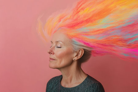 A middle-aged Caucasian woman with an intense wave of bright colors swirling around her head, set against a solid pastel pink background. The movement of the colors symbolizes creativity and energy.の素材