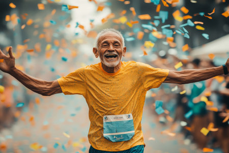 A middle-aged Arabian runner crossing the finish line, embodying both exhaustion and elation. The enthusiastic crowd and falling confetti emphasize the joy of completing the marathon.の素材