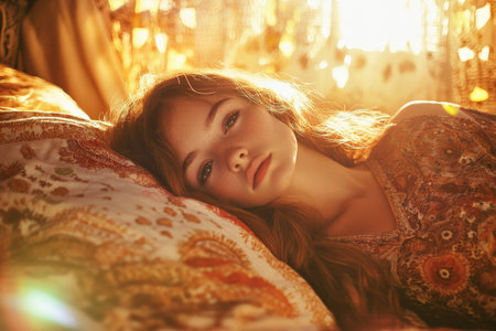 A young Caucasian hippie girl resting on a bed, her soft skin illuminated by the sunset light, with bohemian decor around her. The golden hues of the sun enhance the warmth of the scene.の素材