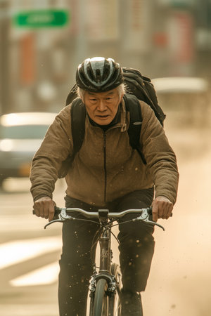 A senior Japanese cyclist rides swiftly on a gravel bike, hands gripping the handlebars, the street below blurred in motion, with dust swirling behind.の素材