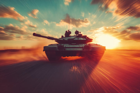 A dynamic double-exposure photo capturing a military tank in motion, seamlessly blended with a vibrant overlay of sun rays. The combination creates a powerful visual effect, showcasing the strength and energy of military movement.の素材