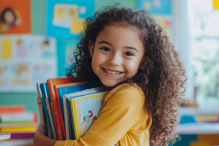 A joyful little schoolgirl, aged seven, with curly Hispanic hair, hugs a pile of adventure books in a cheerful classroom. The colorful background includes educational posters and a bright window, enhancing the sense of fun and learning.の素材