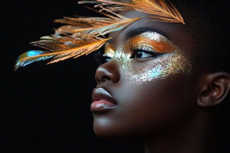 A young African American woman with metallic, feather-like makeup extending across her face, set against a black background, emphasizing the bold, artistic detail.の素材