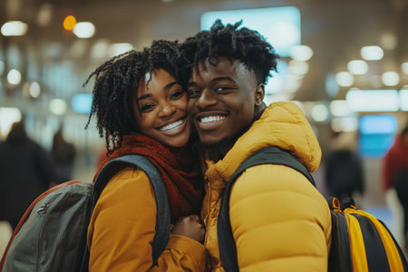 A young adult African American couple smiles joyfully at the airport, holding their travel bags while leaning into each other, perfectly capturing their love and anticipation for the adventures ahead.の素材