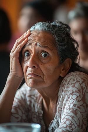 A worried Brazilian senior woman in semi-formal clothing, clutching her head in despair with wide eyes, listening to her family discuss a serious issue during a gathering.の素材