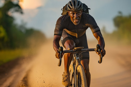 A middle-aged Black cyclist rides a gravel bike, hands gripping the handlebars, wheels kicking up dirt, with the world around blurring from the high-speed motion.の素材