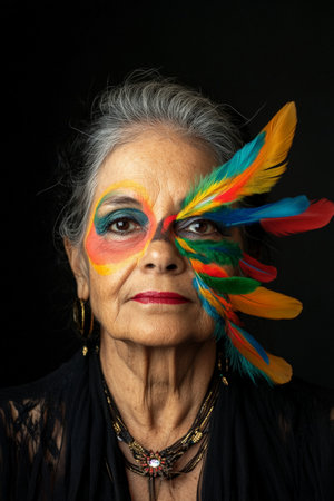 A Brazilian senior woman with vibrant feather designs sweeping across her face, set against a solid black background, showing her confidence and artistic spirit.の素材