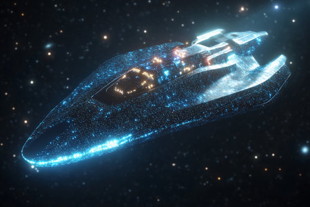 A holographic spacecraft with vivid LED lights glowing across its sleek, translucent hull, cutting through the vast emptiness of space, stars twinkling far away.の素材