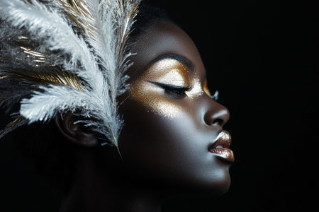 A young African American woman with metallic, feather-like makeup extending across her face, set against a black background, emphasizing the bold, artistic detail.の素材