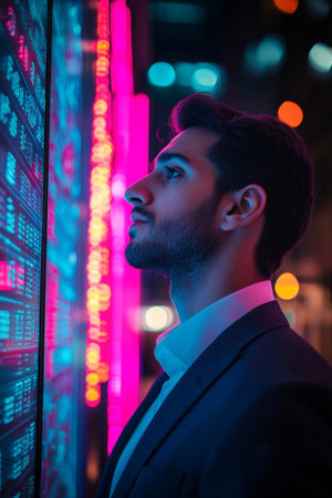 A young adult Arabian stock trader in a tailored suit, deeply focused on the stock market, with colorful neon lights illuminating the bustling city outside, representing the energy of financial trading.の素材