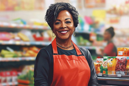 A middle-aged Black female cashier stands proudly at her checkout station, smiling at customers. The colorful supermarket background showcases various products and bustling shoppers, reflecting her dedication to service.の素材